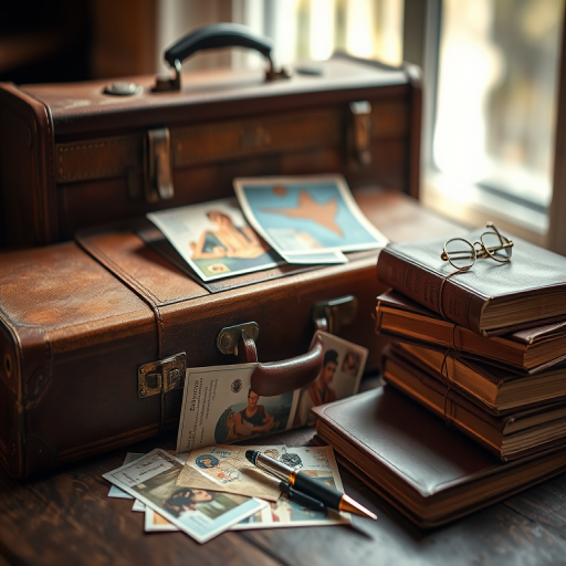 Still life composition featuring a vintage suitcase, scattered postcards, a pen, and old books, natural light, shallow depth of field, f/2.8 aperture, ISO 200, 50mm lens, soft focus background, warm tones.