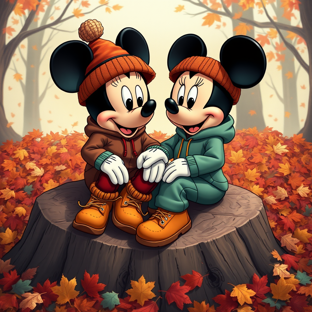 create a cartoon style of Mickey and Minnie wear Fall theme colored sweat suits with timberland boots and Bernie hats sitting together on a big tree stump surrounded by large color pile of raked leaves