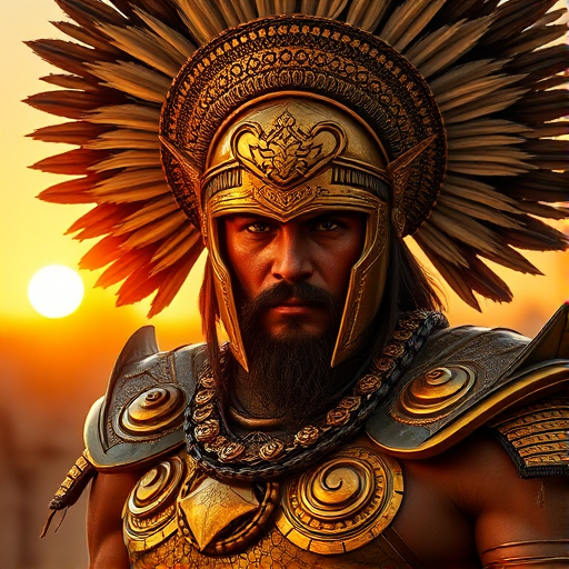 Create a highly detailed portrait of a muscular warrior wearing ornate golden armor and a large, extravagant headdress, captured in dramatic lighting during sunset; use a Canon EOS R5 with an 85mm f/1.2 lens, aperture set to f/1.8 for a shallow depth of field, ISO 100, and a low angle view to emphasize stature and power.