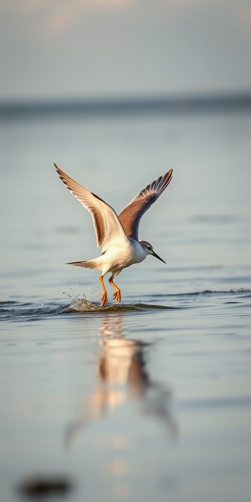 high-speed capture of a bird taking off from the water surface, shallow depth of field, 200mm lens, f/2.8 aperture, ISO 400, natural light, slight overcast sky, 1/1000 sec shutter speed, taken from a low angle near the water's edge to emphasize motion and reflection.
