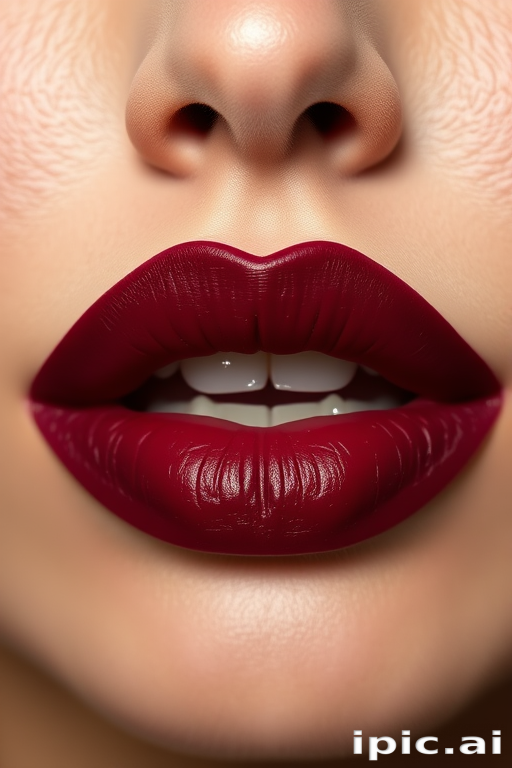 Matte burgundy lips in a classic bow shape, exuding elegance and sophistication, with crisp, well-defined edges and a velvety texture that catches the light beautifully