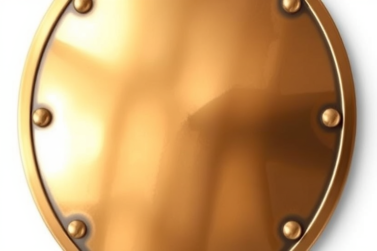 Create a high-resolution image of a blank bronze shield with a glossy finish, using a DSLR camera, ISO 100, f/8 aperture, 50mm lens, shot from a slightly elevated angle, with soft diffused lighting for enhanced reflections and details.