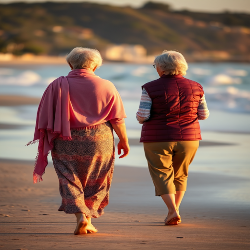 two elderly women walking along the beach with their backs turned, one wearing a pink shawl and patterned dress, the other in a burgundy vest, soft focus, natural light, 50mm lens, f/2.8, ISO 200, capture at golden hour for warm tones