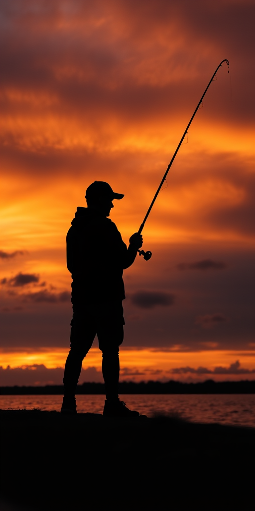 Capture a serene sunset silhouette of a person holding a fishing rod on a shoreline against a dramatic sky, using a DSLR camera with a 50mm lens, aperture set to f/2.8, shutter speed at 1/200s, ISO 100, natural light, landscape orientation.