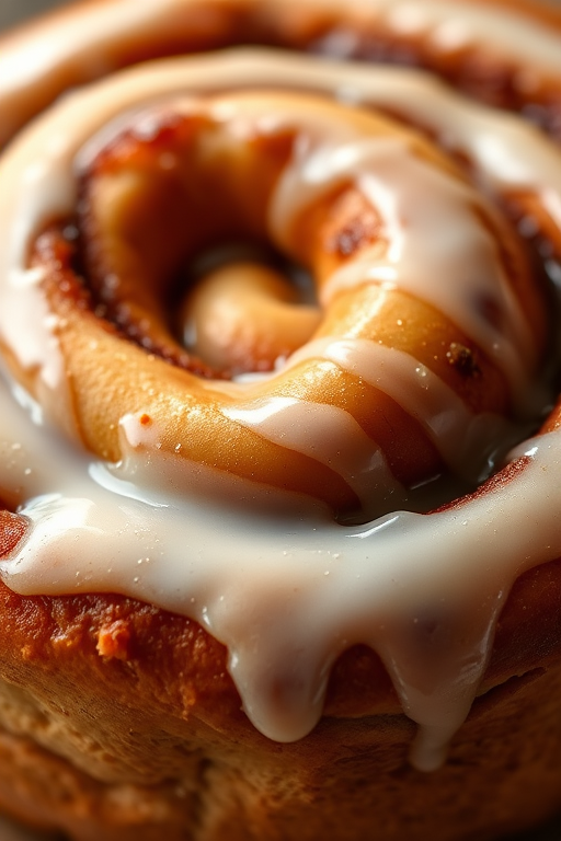 Create a highly detailed close-up image of a glazed cinnamon roll, captured with a DSLR camera at f/2.8 aperture, ISO 100, and a shutter speed of 1/125 sec, using a macro lens to enhance texture and clarity, in natural light to showcase the richness of the glaze and dough, with a shallow depth of field for a soft background.