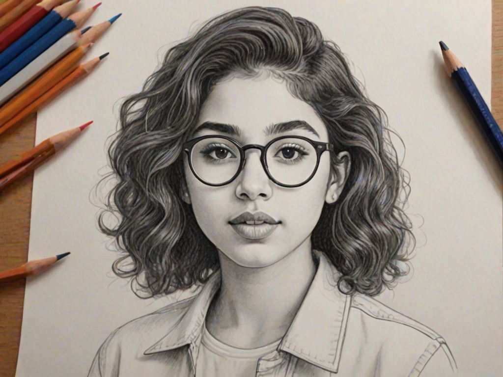 Alluring Alessia Cara, pencil sketch, portrait of Appealing woman 1973s in glasses, hair style beatnik, outline, clear lines, fine lines, 8k