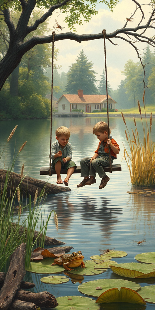 Imagine a small group of old fashioned young boys out fishing by the creek, a swing hanging from a tree branch, reeds and grasses by the water's edge, a frog sitting on a lily pad, dragonflies hovering over som water plans, a very iconic old fashioned scene reminiscent of a Norman Rockwell painting style