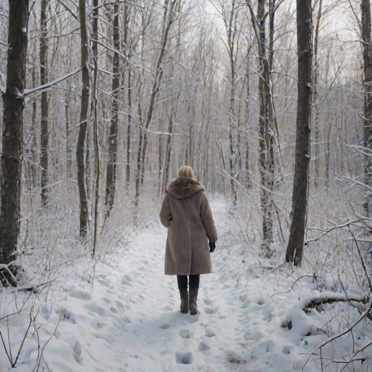 Winter forest blanketed in snow, bare branches heavy with ice, a woman in a fur-lined coat walks through the silent landscape, leaving fresh footprints behind.