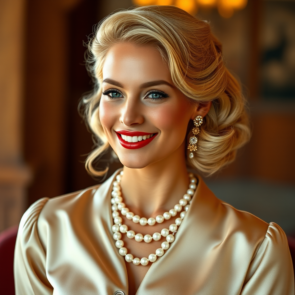 A beautiful Inca woman reminiscent of 1950s Hollywood glamour, with perfectly styled blonde hair and a seductive smile, dressed in a satin blouse and adorned with pearls, soft and warm tones, photorealistic, 8K
