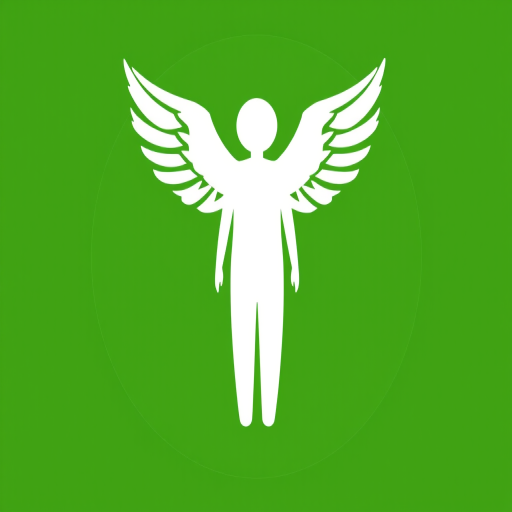 Create a high-resolution illustration of a simple white human figure with wings on a green circular background, shot with a DSLR camera at f/2.8 aperture, ISO 100, 24mm lens for sharp focus and vibrant colors, using a wide-angle view to capture the entire circle.