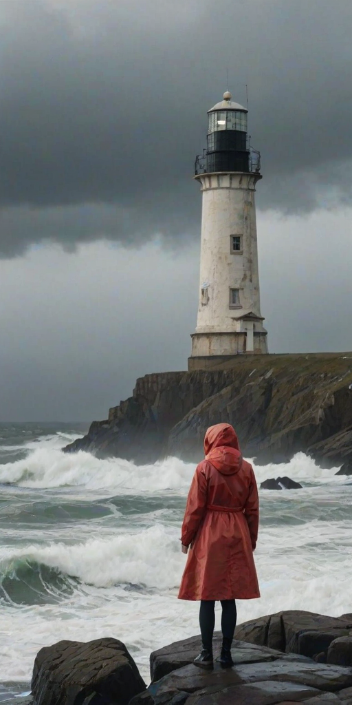 Old lighthouse on a rocky coastline, waves crashing against the shore, a woman in a raincoat stands at the base of the lighthouse, her hand shielding her eyes as she looks out over the stormy sea.