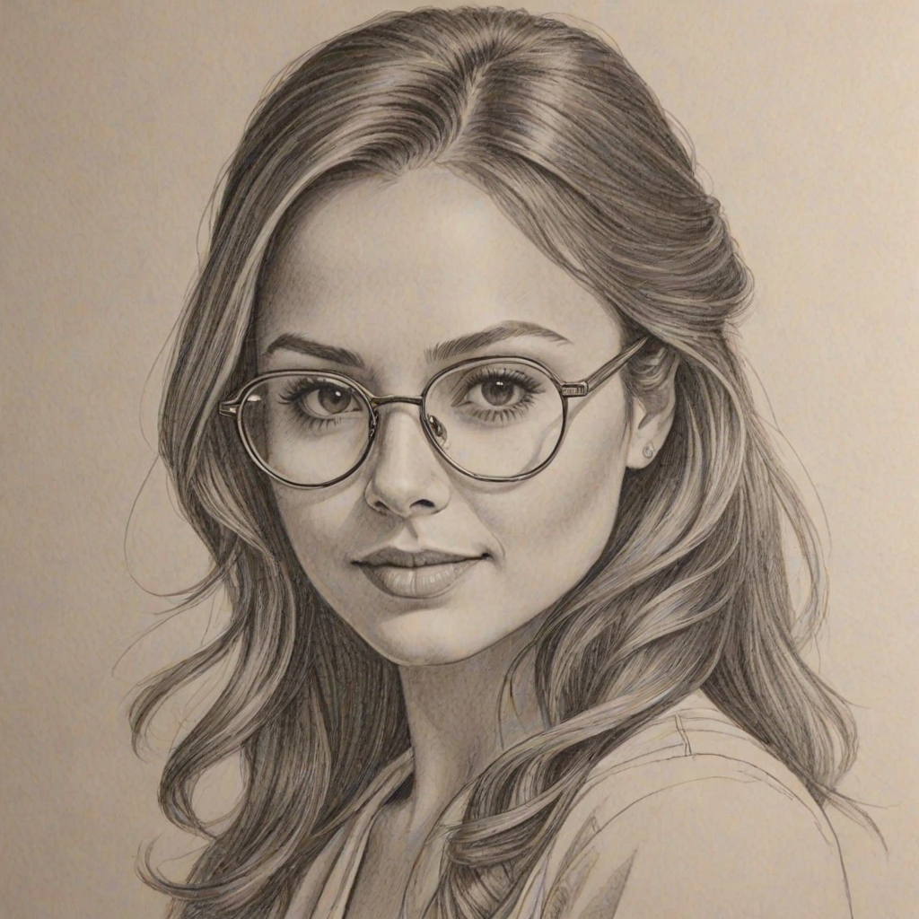 Gorgeous Aimee Carrero, pencil sketch, portrait of Exquisite woman 1975s in glasses, hair style beatnik, outline, clear lines, fine lines, 8k