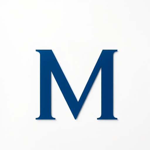 high-resolution image of a bold and stylized letter M in dark blue color on a clean white background, shot with a DSLR camera at f/2.8 aperture, 50mm lens, ISO 100, in bright natural lighting for enhanced color contrast and clarity, using a flat lay perspective.
