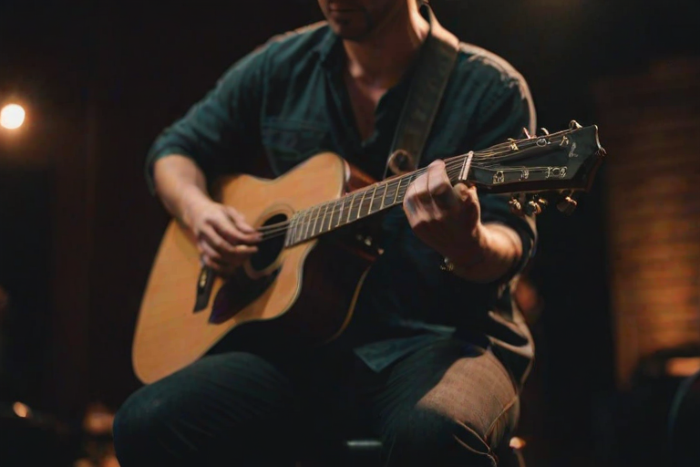Blurry action shot of a musician strumming an acoustic guitar on a dimly lit stage, soft focus on the motion of their fingers, distant audience members watching with rapt attention.