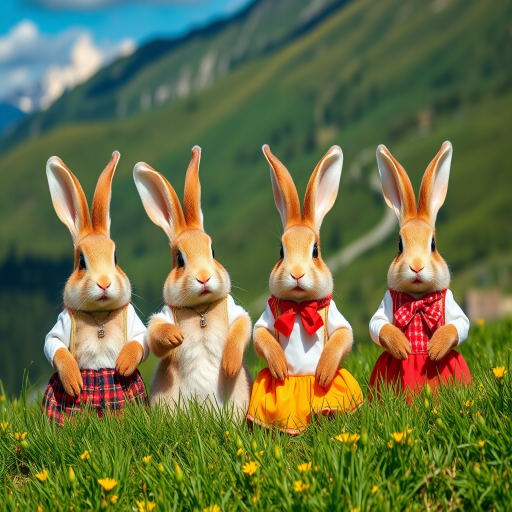 Create a picturesque scene of anthropomorphic rabbits dressed in traditional attire, set in a lush green meadow with mountains in the background, capturing the moment with a DSLR camera at f/2.8, ISO 100, 1/200s, using a wide-angle lens to emphasize the landscape and vibrant colors.