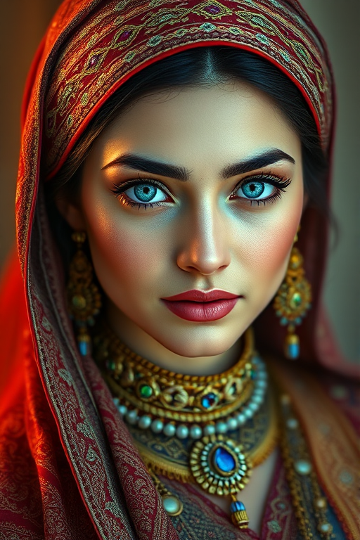 Create a portrait of a beautiful Persian woman with striking cyan eyes and a gentle expression. She is adorned in traditional attire with intricate patterns, including a richly embroidered headscarf and matching garments. Her jewelry includes a delicate headpiece, dangling earrings, and ornate bracelets, all featuring vibrant gemstones and detailed metalwork. The background is soft and warm, enhancing the rich colors of her outfit and jewelry.