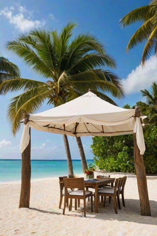 Create a picturesque tropical beach scene featuring a serene, white sandy shore. In the foreground, there's a rustic wooden canopy with white drapes gently flowing in the breeze. Underneath the canopy, a table is set with tropical decor, evoking a sense of relaxation and leisure. The beach extends into a calm, shallow water area with reflections of the sky and surroundings. Palm trees and lush greenery line the edge of the beach, providing a natural, tropical backdrop. The sky is clear with a few scattered clouds, and the overall atmosphere is tranquil and inviting, perfect for a peaceful retreat.