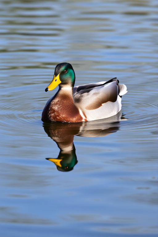 A serene image of a duck floating on calm water with reflections, captured in natural light using a DSLR camera with a 50mm lens, aperture f/2.8, ISO 200, shutter speed 1/200s, slightly above the water level for a close-up view, focusing on the duck's details and the surrounding colors.