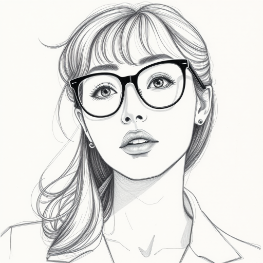 Beauteous Eleanore Matsuura, pencil sketch, portrait of Captivating woman 1944s in glasses, hair style beatnik, outline, clear lines, fine lines, 8k