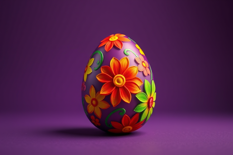 Create a vibrant and colorful 3D egg design with swirling patterns of flowers in bright hues of red, yellow, green, and orange on a deep purple background, captured with a Canon EOS R5, 50mm lens, f/1.8, ISO 100, in a studio setting with soft lighting for enhanced depth and clarity.