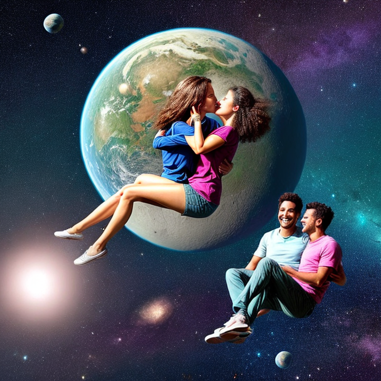 couple telling secrets floating in space in the form of a drawing