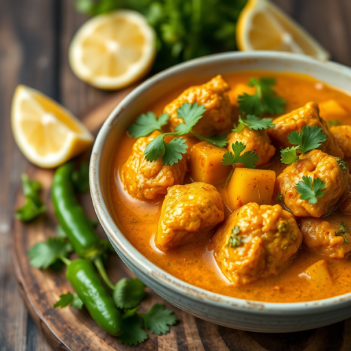 A close-up shot of a vibrant bowl of chicken curry garnished with fresh cilantro, green chilies, and lemon wedges on a rustic wooden board, with a shallow depth of field, using a Canon EOS R6, f/2.8 aperture, 50mm lens, ISO 200, natural light, with a soft focus background for enhanced detail.