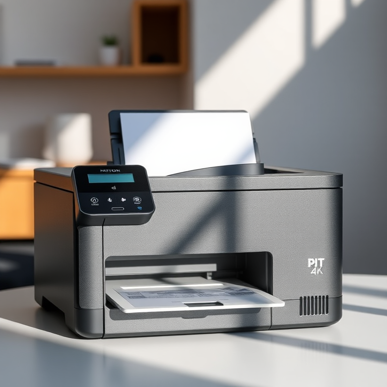 Create a high-resolution image of a modern printer with a sleek black design, side view, natural lighting, 50mm lens, f/2.8 aperture, ISO 100, crisp details, and high contrast.