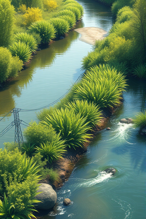 Create a highly detailed illustration of a winding riverbank with lush plants along the edge, using a DSLR camera with a 50mm lens at f/2.8, ISO 100, and natural lighting to enhance image quality, capturing a slightly elevated perspective.