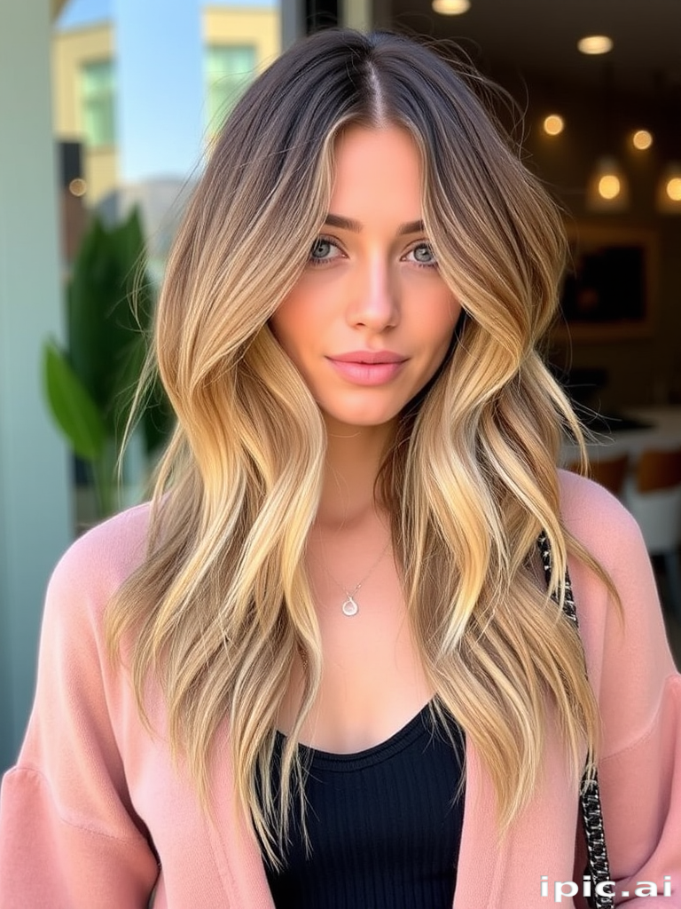 Chic fashionista showcasing a trendy lob (long bob) with a lived-in balayage, styled in tousled beach waves and accented with caramel highlights