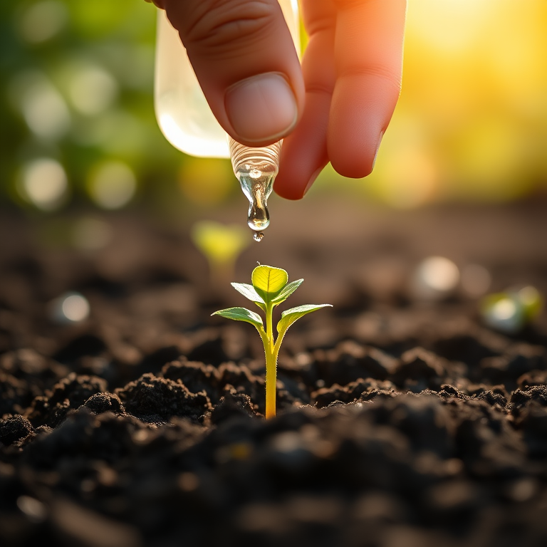 close-up shot of a hand gently watering a small green plant emerging from dark soil with soft sunlight filtering through the background, shallow depth of field, aperture f/2.8, ISO 100, 50mm lens, DSLR camera, natural light