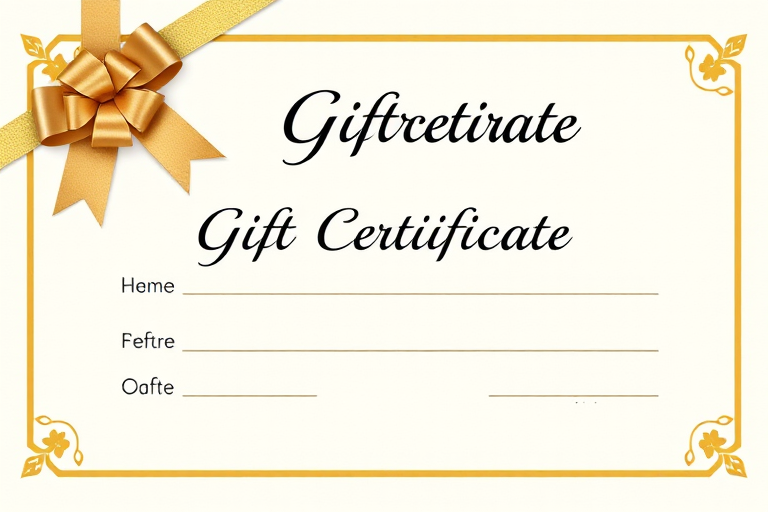 Generate a high-resolution image of a blank gift certificate with a golden and bronze color scheme, featuring an elegant ribbon bow at the top left corner, soft natural lighting, shot with a DSLR camera, 50mm lens, f/1.8 aperture, ISO 100, 1/125 sec shutter speed, centered view, minimalistic design.