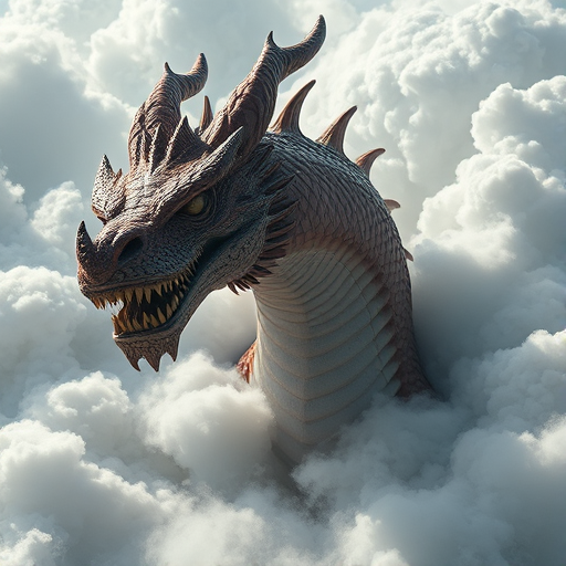 Create a highly detailed image of a mythical dragon emerging from swirling clouds, showcasing intricate scales and dramatic facial features, using a Canon EOS R5 camera with an aperture of f/2.8, a shutter speed of 1/100s, and an ISO of 100, shot from a low angle to emphasize its grandeur, in soft natural lighting to enhance the ethereal atmosphere.