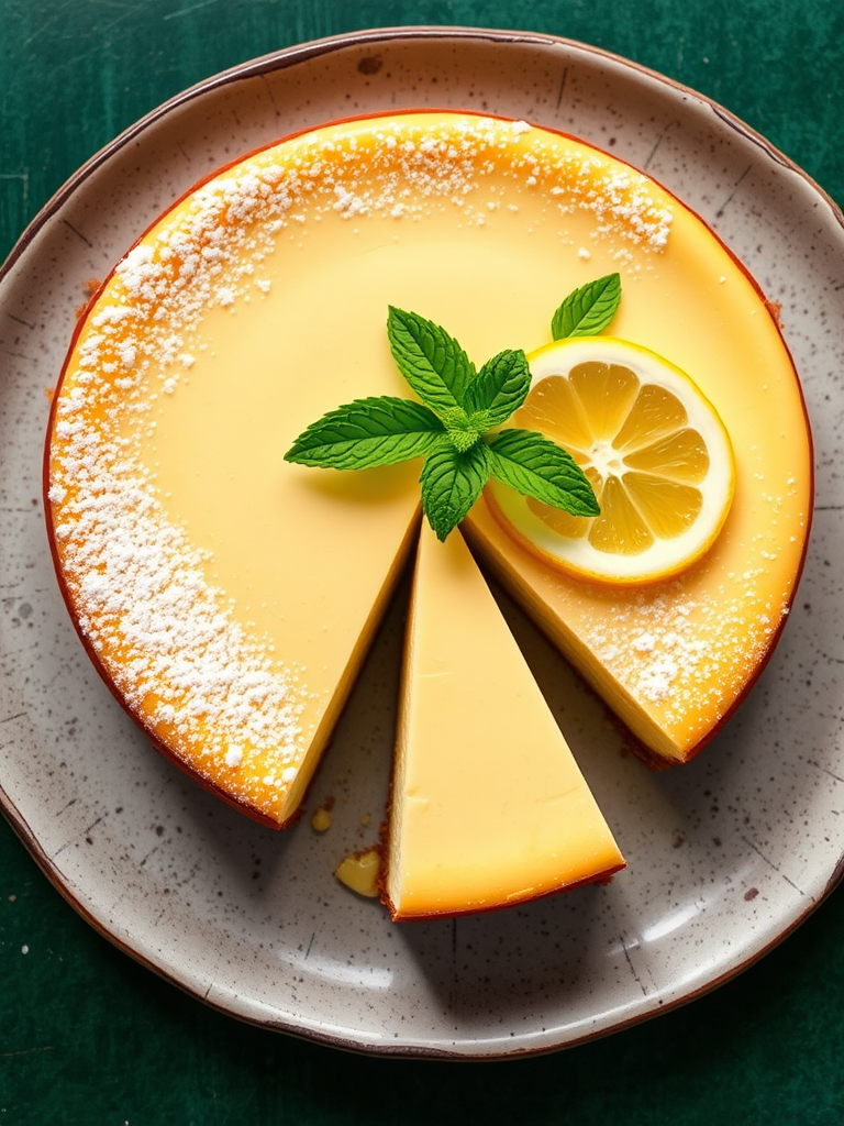 Create an image of a lemon cheesecake on a rustic plate with a slice removed revealing its creamy texture. The cheesecake should have a smooth top with a light dusting of powdered sugar and be garnished with a slice of lemon and fresh mint leaves. The background should be a textured green surface to enhance the vibrant colors of the cake.