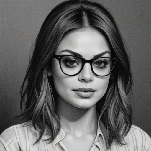 Beauteous Mila Kunis, pencil sketch, portrait of Delightful woman 1979s in glasses, hair style beatnik, outline, clear lines, fine lines, 8k