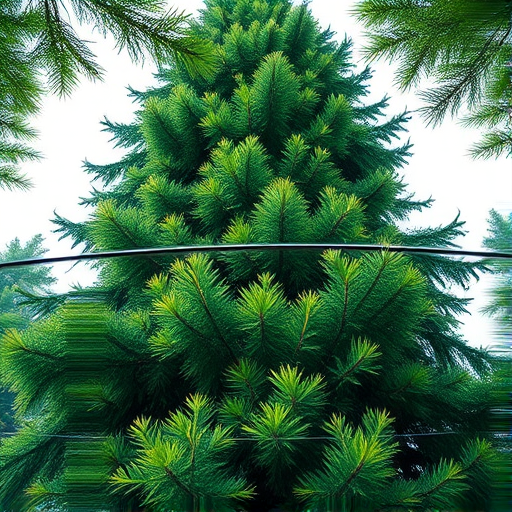 Create a detailed illustration of a tall evergreen tree with vibrant green foliage, using a DSLR camera with a 50mm lens, aperture set to f/2.8, ISO 100, and a shallow depth of field to enhance the foreground, capturing the image from a low angle for a dramatic effect.
