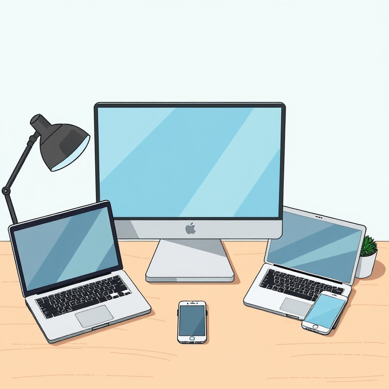 Create an illustration featuring a desktop monitor, a laptop, a tablet, and a smartphone arranged artistically, captured with a DSLR camera, 50mm lens, f/1.8 aperture, ISO 100, natural lighting, shot from a top-down view to emphasize depth.
