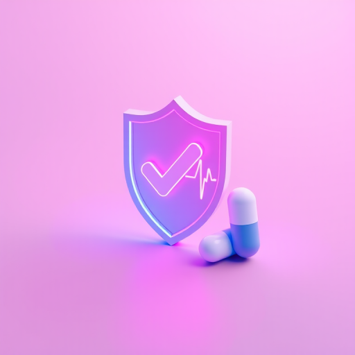 3D rendering of a healthcare theme with a shield icon featuring a checkmark, a neon heartbeat line, and a capsule pill on a soft gradient background, shot with a Canon EOS R5 at f/2.8, ISO 100, 50mm lens, soft focus.