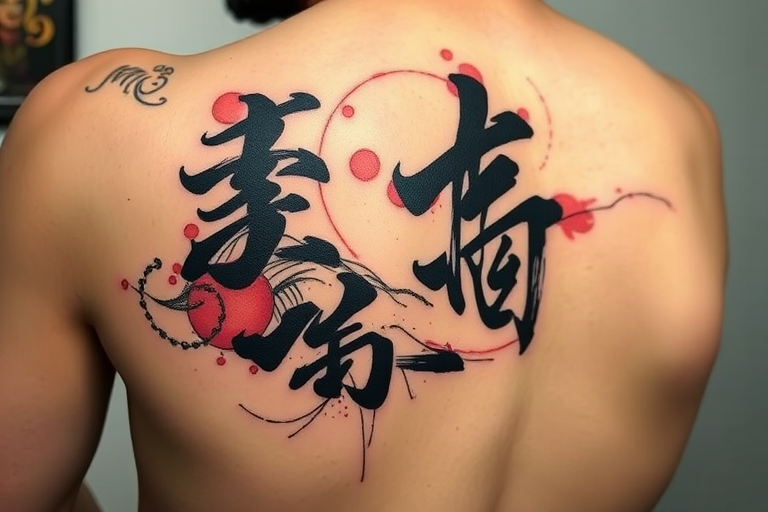 Brush stroke tattoo called "Zen Calligraphy" featuring bold expressive ink-like strokes forming abstract representations of nature and Japanese characters with a dynamic sense of movement