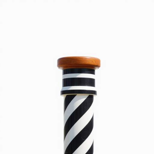 Generate an image of a striped pole with alternating black and white stripes, showing a wooden top, photographed with a DSLR camera at f/2.8 aperture, ISO 100, 50mm lens, in a portrait orientation, using natural light for enhanced clarity and detail.