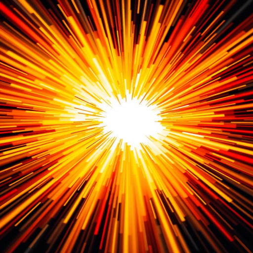 Generate a vibrant explosion graphic with hues of yellow, orange, and red radiating from a bright center, using a wide-angle lens, f/8 aperture, ISO 100, shot from a low angle with a digital camera for maximum detail and clarity.