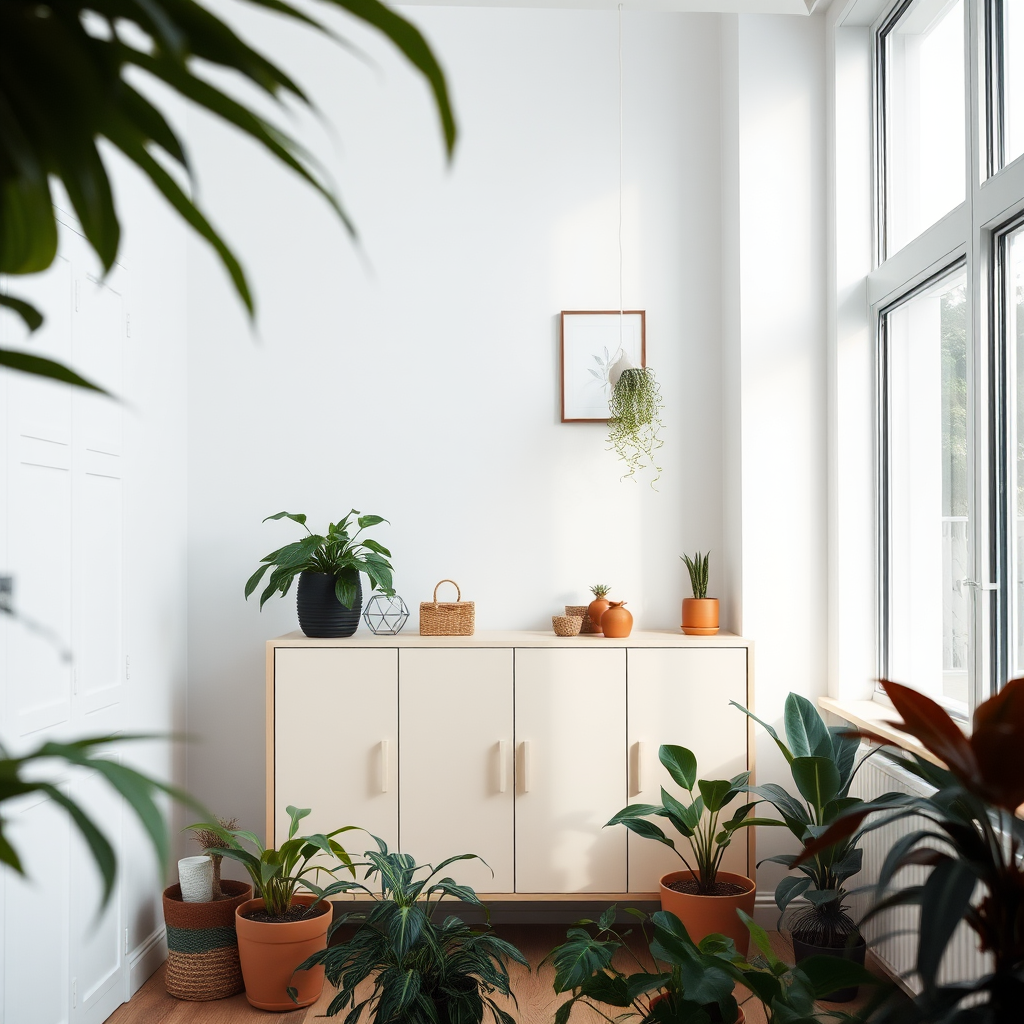 Interior scene with a minimalist cabinet, surrounded by potted plants, soft natural lighting, camera settings: ISO 200, f/4, 1/60s, camera view: wide-angle, camera style: modern aesthetic, camera type: DSLR.