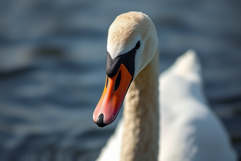 a serene close-up of a swan gracefully swimming in calm water, captured with a DSLR camera at f/2.8 aperture, 1/500 shutter speed, ISO 200, with a shallow depth of field for a soft background blur and vibrant color contrast, in natural lighting conditions.