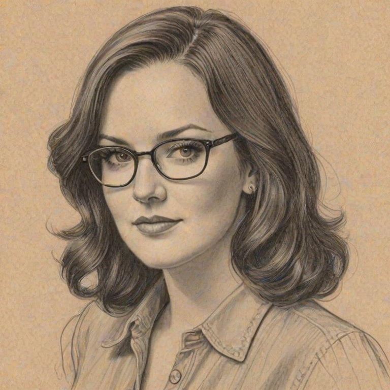 Magnificent Brandy Clark, pencil sketch, portrait of Beauteous woman 1937s in glasses, hair style beatnik, outline, clear lines, fine lines, 8k