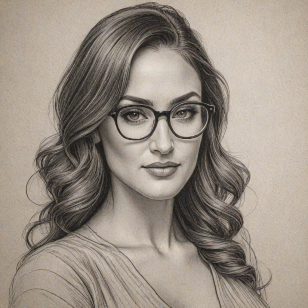 Graceful Nikki Bella, pencil sketch, portrait of Charming woman 1934s in glasses, hair style beatnik, outline, clear lines, fine lines, 8k