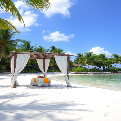 Create a picturesque tropical beach scene featuring a serene, white sandy shore. In the foreground, there's a rustic wooden canopy with white drapes gently flowing in the breeze. Underneath the canopy, a table is set with tropical decor, evoking a sense of relaxation and leisure. The beach extends into a calm, shallow water area with reflections of the sky and surroundings. Palm trees and lush greenery line the edge of the beach, providing a natural, tropical backdrop. The sky is clear with a few scattered clouds, and the overall atmosphere is tranquil and inviting, perfect for a peaceful retreat.