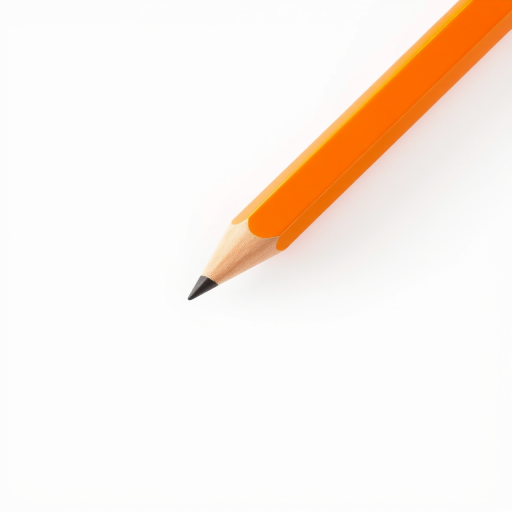 Create a high-resolution image of a simple orange pencil icon with a white background, using a 50mm lens, aperture f/2.8, ISO 100, in a studio lighting setup to enhance colors and sharpness, with a flat lay camera angle.