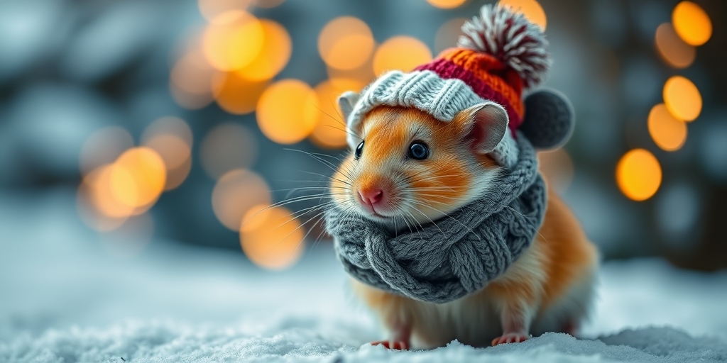 A cute hamster wearing a knitted hat and scarf, standing in a snowy outdoor setting with Christmas lights blurred in the background, captured with a Canon EOS R5 at f/2.8, ISO 100, 50mm lens, shallow depth of field, soft natural lighting.