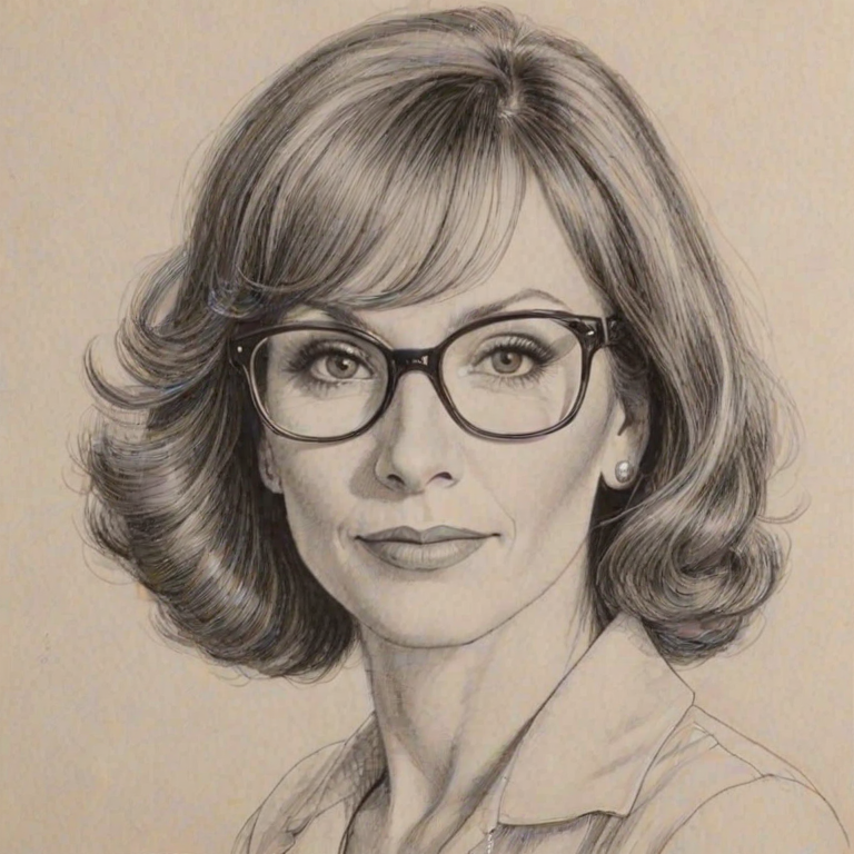 Magnificent Marilu Henner, pencil sketch, portrait of Resplendent woman 1948s in glasses, hair style beatnik, outline, clear lines, fine lines, 8k