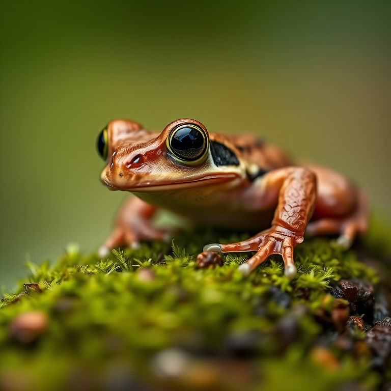 Close-up of a brown frog perched on a mossy surface, soft focus background, macro lens, aperture f/2.8, shutter speed 1/200 sec, ISO 100, taken with a DSLR camera at eye level to enhance details and depth of field.