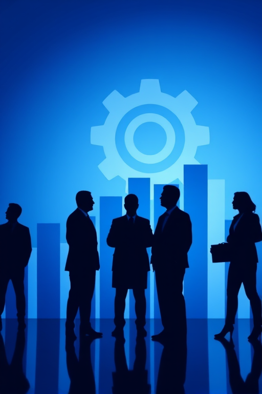 create an image of silhouettes of business professionals in formal attire, standing in front of ascending bar graphs and a large gear symbol, with a gradient blue background, use a DSLR camera with a 50mm lens at f/2.8 aperture, 1/100s shutter speed, and ISO 200 for sharpness and depth of field, capturing a wide-angle view